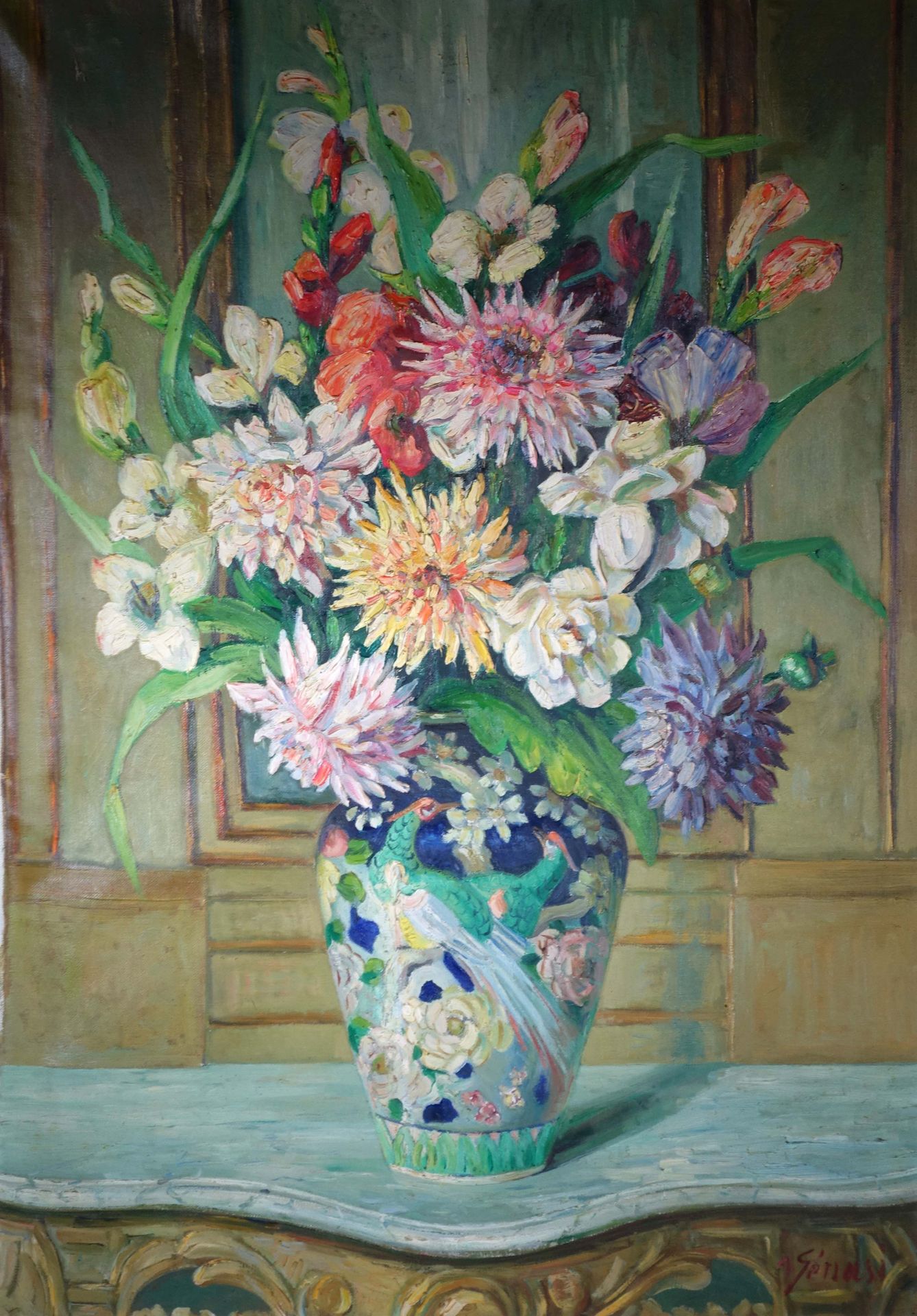 Null A. GENASI (20. Jahrhundert)
Strauß von Blumen
Öl auf Leinwand.
94 x 65 cm
W&hellip;