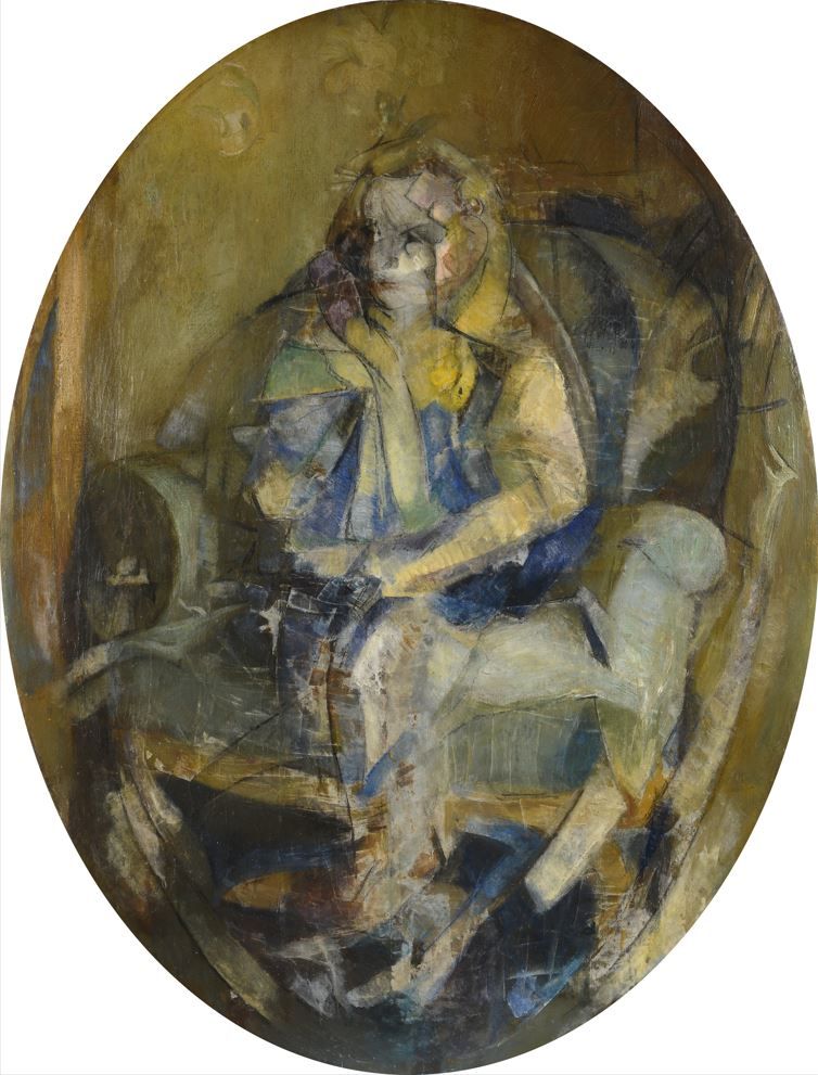 Null 现代学校 20世纪
原为安德烈-博丹（1895-1979）所作
年轻的坐着的女人
椭圆形的布面油画。
115 x 89 cm