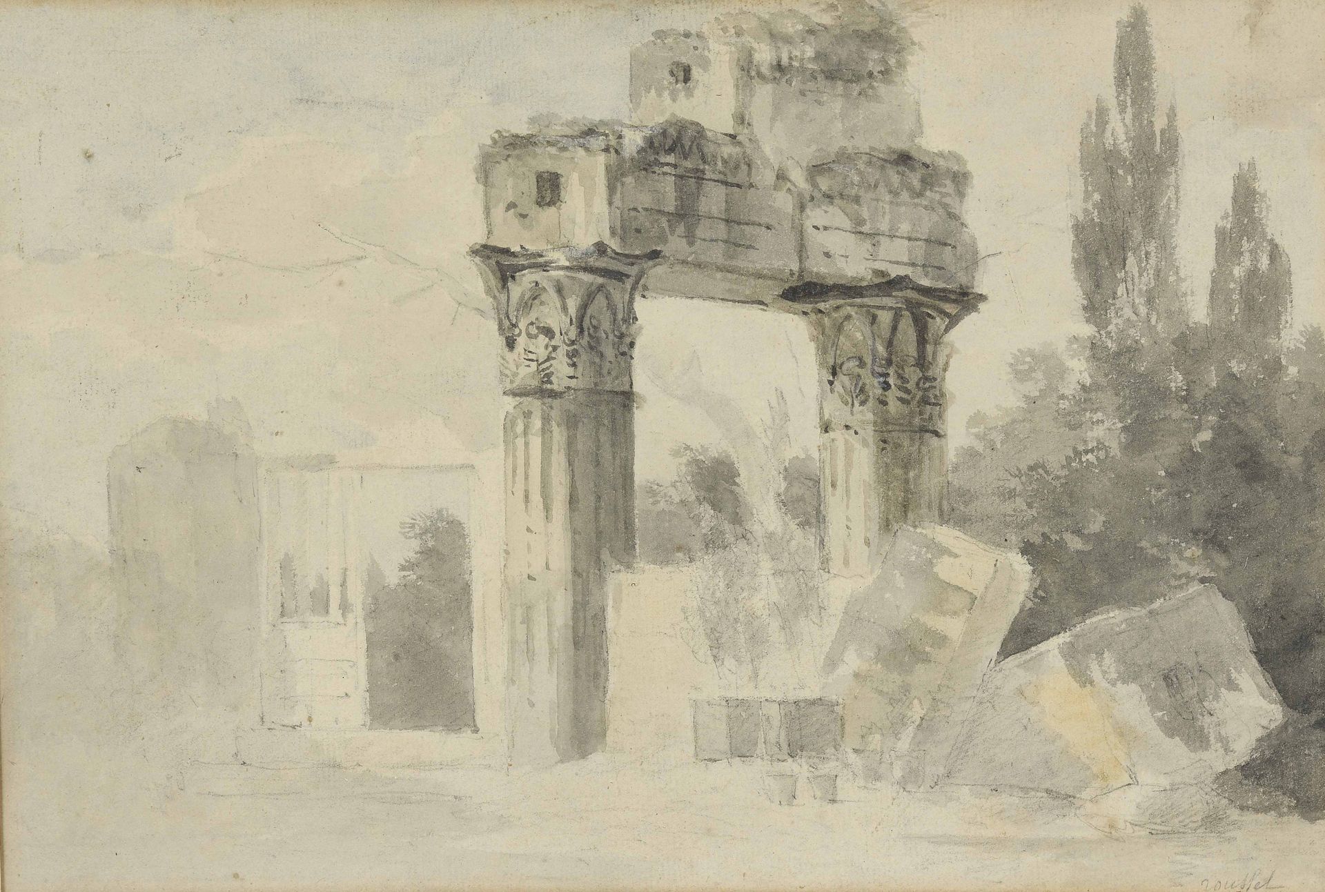 Null ROUSSEL
Ruines
Dessin au lavis, signé en bas à droite.
18,3 x 26,8 cm