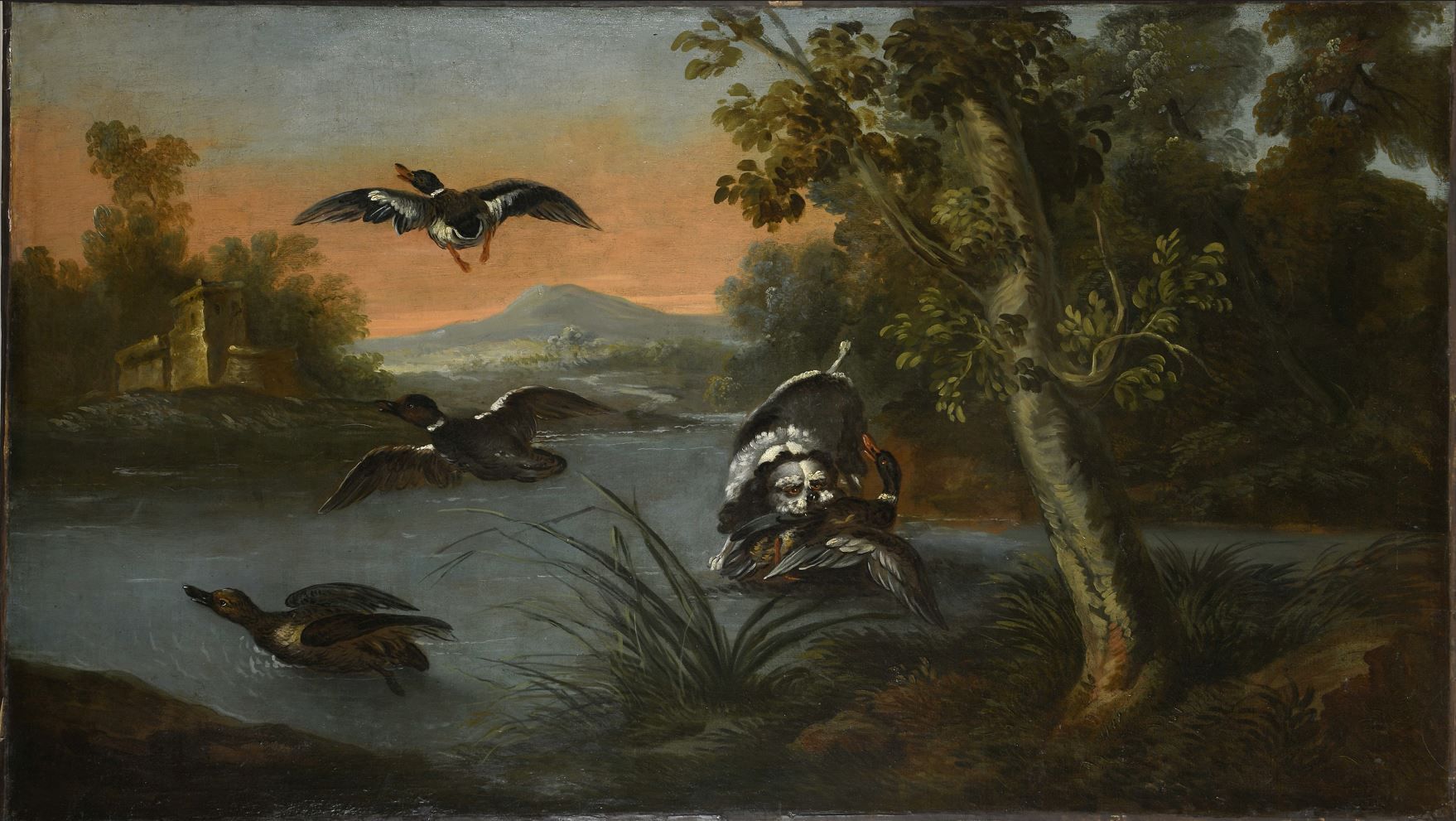 Null 18世纪法国学校
周围的克里斯托夫-胡埃（？ - 1759）。
小猎犬抓住了一只鸭子
布面油画（衬里）。
78,5 x 133,5 cm