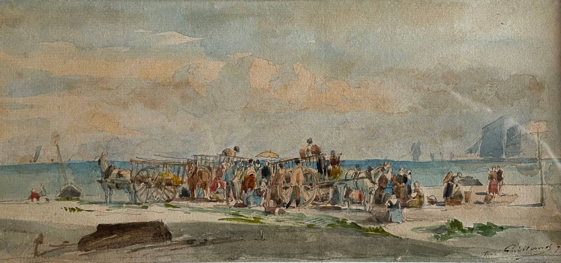 Null 19世纪末的学校
海滩上的小车
小幅水彩画，右下方有签名，日期为92年。
(在玻璃下装框)。
10.5 x 22 cm