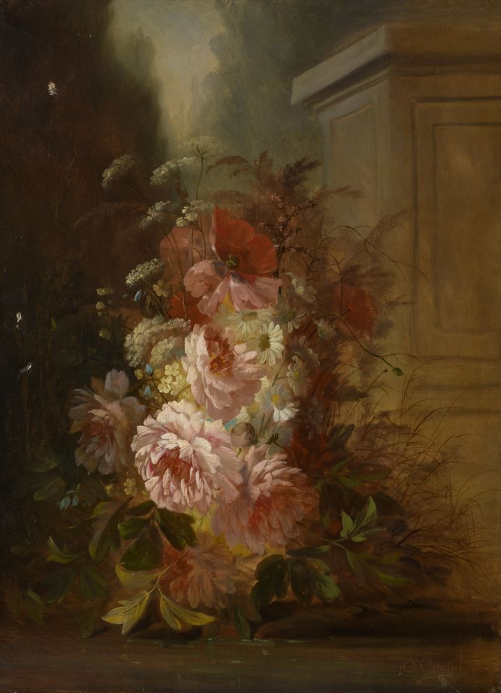 Null 克莱芒-贡蒂埃(1876-1918)
台座前的花束
布面油画，右下方有签名。
(可见的损害)。
73 x 54 cm