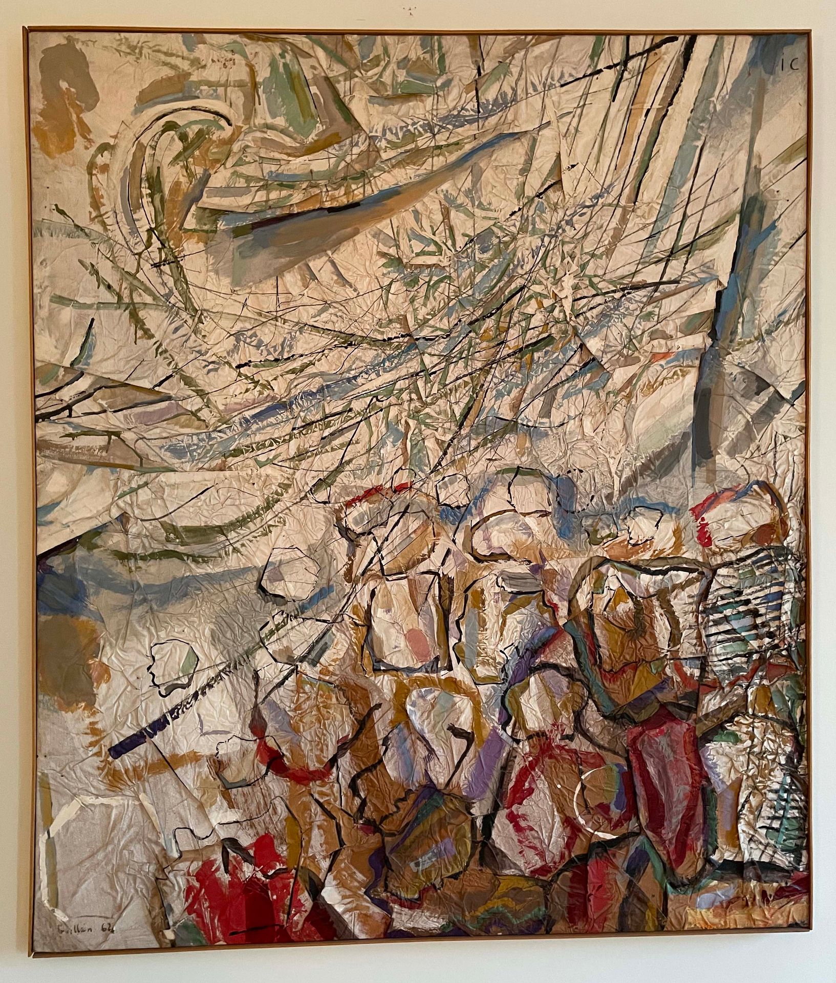 Null 吉兰-西鲁（Guillain SIROUX）（1933-1988年
摘要构成
皱纹纸上的水粉画，左下方有签名和日期62。
116 x 101 cm