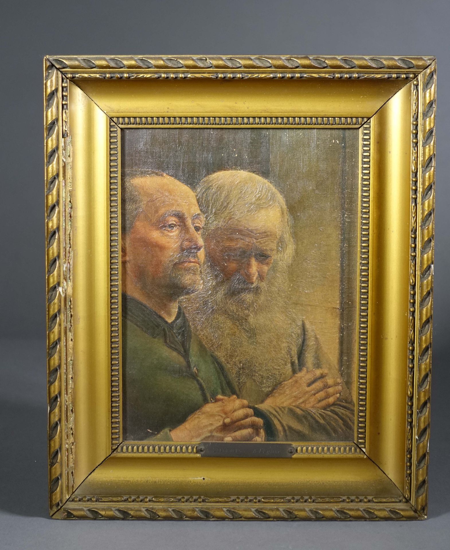 Null 杰夫-莱姆普尔（1867-1935）之后
在教堂 "安静的思考"(约1900年)
布面油画。
25 x 18 cm
(框架和镀金石膏与丝带环状物)。