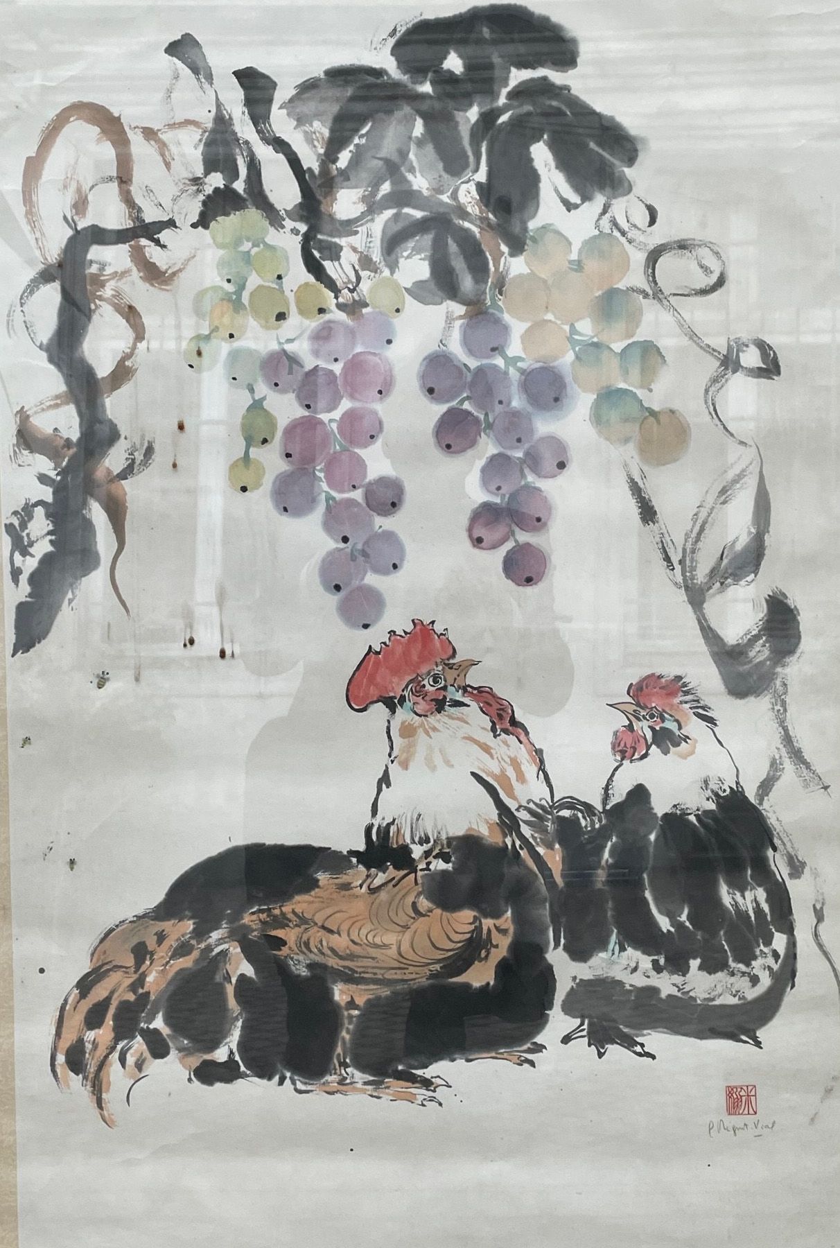 Null 现代学校
公鸡、母鸡和葡萄
水彩画，右下角有未解读的签名和单字。
83 x 55 cm