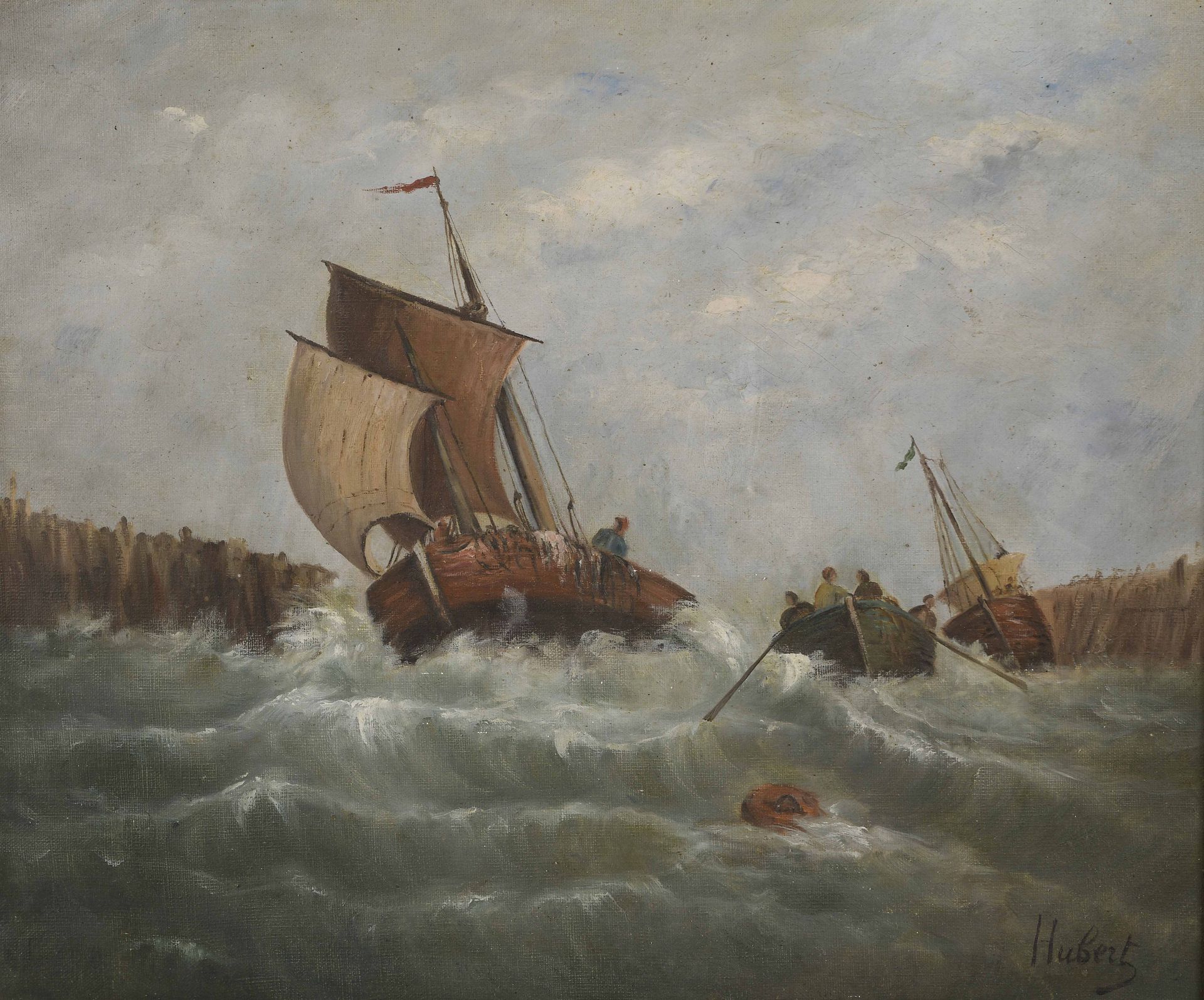 Null HUBERT (Fin XIXe siècle)
Bateaux de pêche dans la tempête.
Huile sur toile.&hellip;