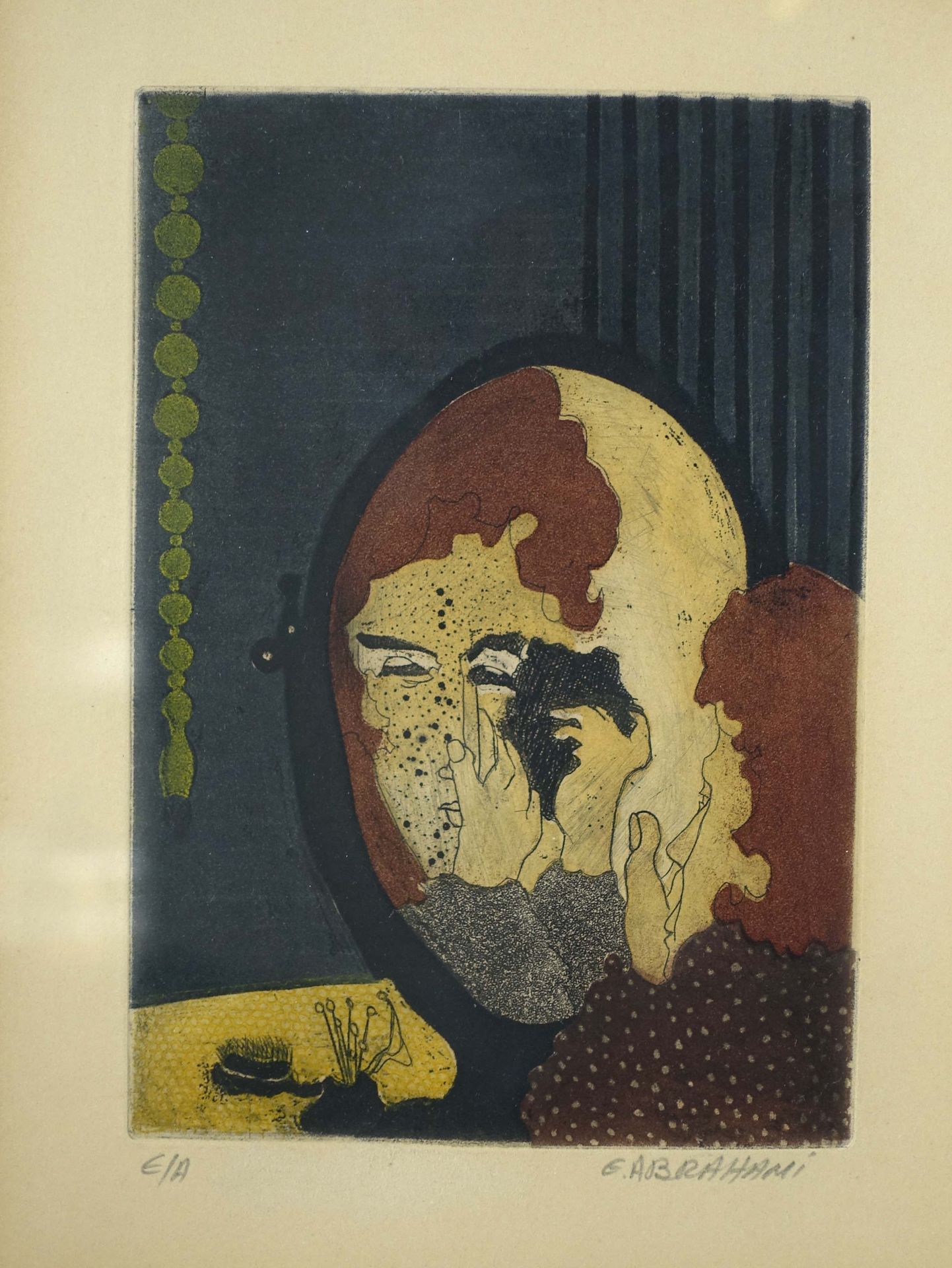 Null Elie ABRAHAMI (生于1941年)
携带镜子的女人
彩色石版画，已签名，艺术家的证明。
20 x 13厘米
(玻璃下的框架)