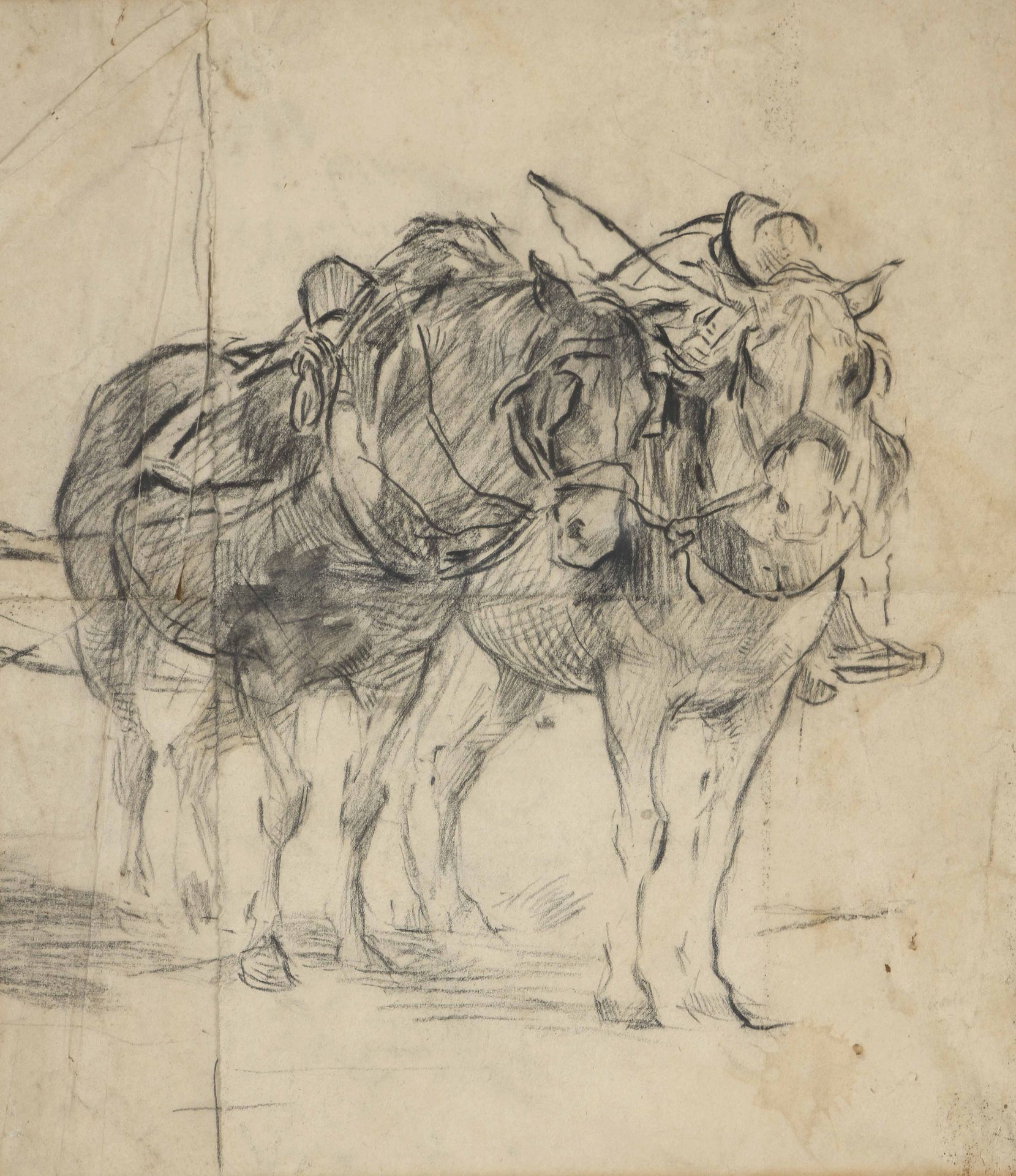 Null 19世纪末至20世纪初的学校
马具中的马
炭笔画在两张纸上（揉成一团，折叠，意外）。