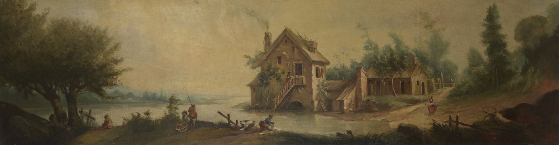 Null 法国学校，18世纪的味道
河边有渔夫、洗衣妇和村妇的房子
布面油画（无框）。
38 x 143厘米