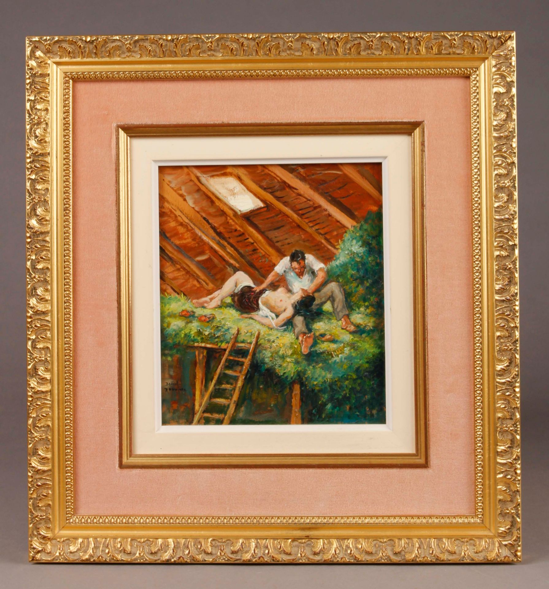 Null 丹尼尔-鲁维埃 (生于1913年)
谷仓里的情侣
板面油画，左下角有签名（有框架）。
22 x 19 cm