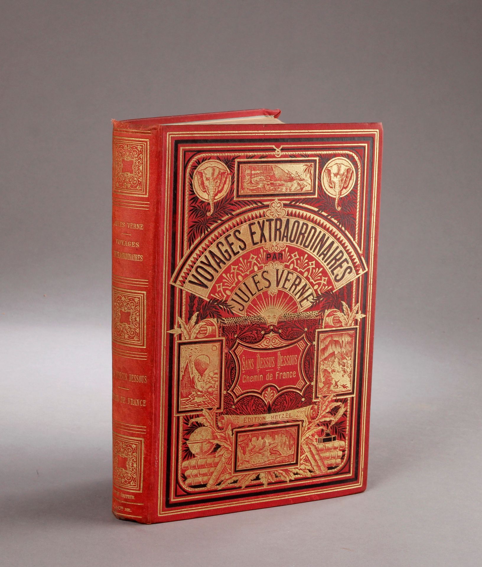 Jules VERNE / HETZEL. 无上装。法国之路》（1889年）。双卷。红色纸板上有第三种Lenègre类型的两只大象，第二种类型的板块（e），镀金&hellip;