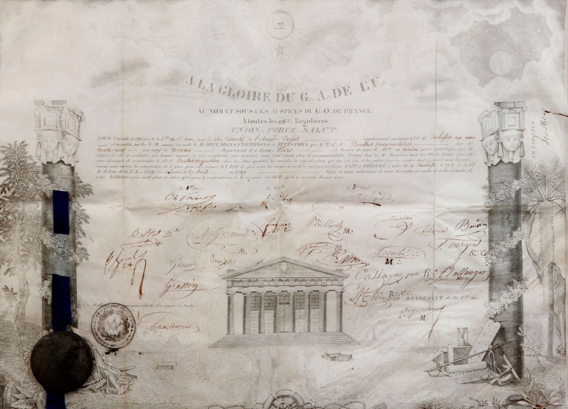 Null [FREEMASONRY]. 
海滨罗什福尔的 "联合力量-萨吕特 "会所的共济会文凭。在《完美协议》的独特标题下，于1849年8月27日颁发给布特-&hellip;