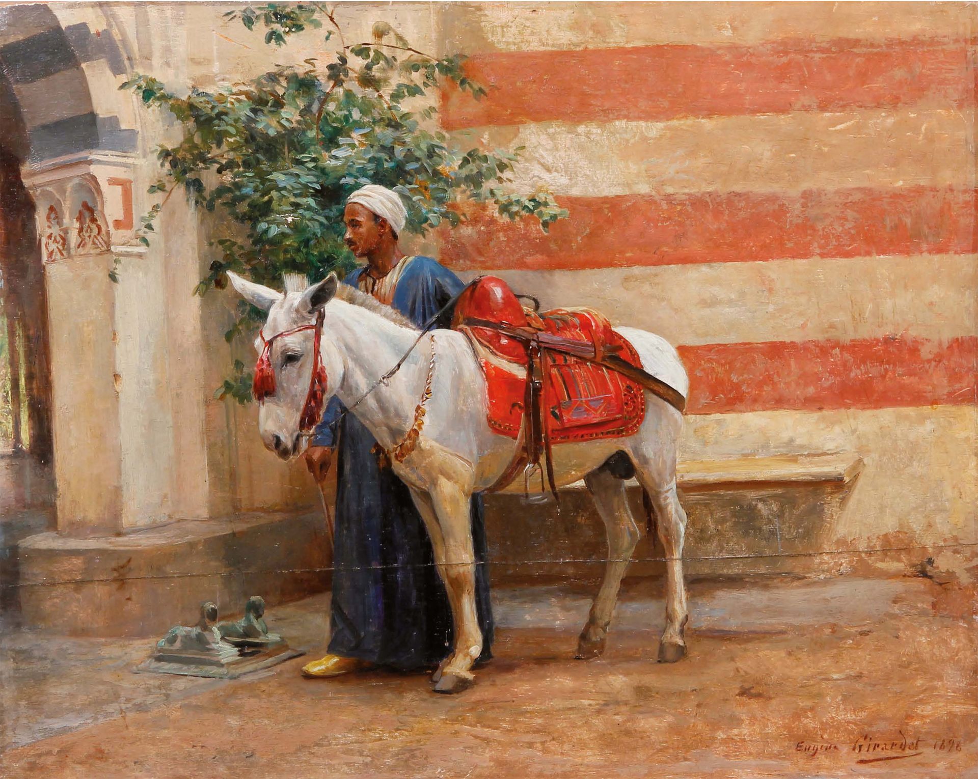Eugène GIRARDET (1853-1907) Africain et sa mule Huile sur panneau, signée et dat&hellip;