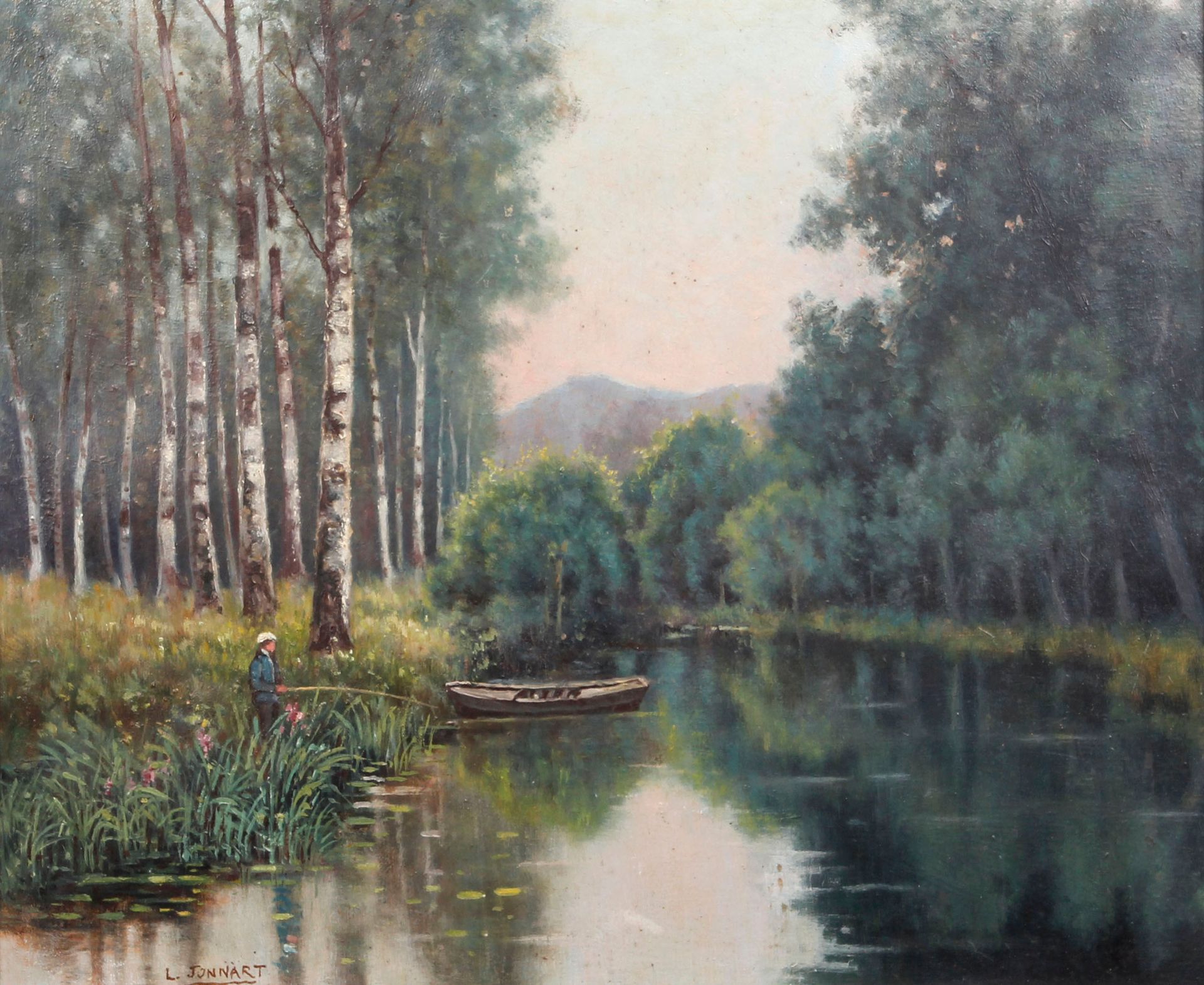 L. JONNART (Début XXe siècle) 河岸上的渔夫
木板油画，左下方有签名。
(框架长方形)。
38,5 x 45,5 cm