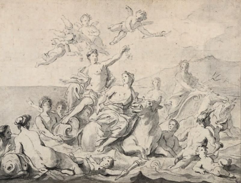 Pierre Jacques CAZES (Paris 1676 - 1754) L'enlèvement d'Europe Crayon noir et la&hellip;