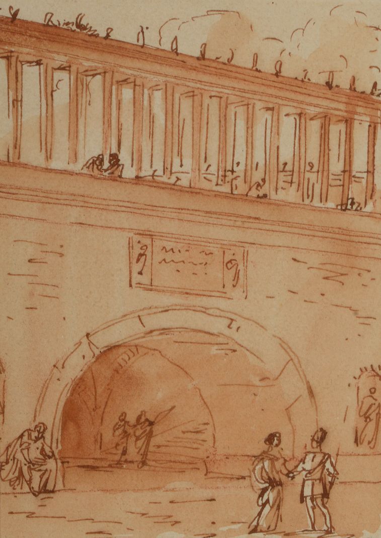 Victor Jean NICOLLE (1754 - 1826) Paysage romain animé Dessin à l'encre et au la&hellip;