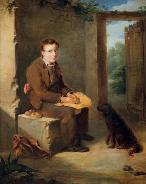 Octave TASSAERT (1800-1874) Le Repas du jeune colporteur et de son chien Huile s&hellip;