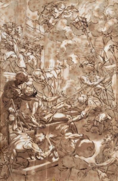 ÉCOLE ITALIENNE du XVIIe siècle Le martyre de Saint Laurent Plume, encre brune, &hellip;