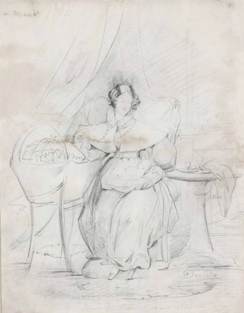 Achille DEVÉRIA (1800-1857) Portrait de Madame de Braux tenant un bébé
Dessin au&hellip;