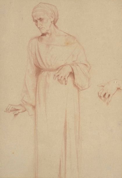 ECOLE XIXe SIÈCLE Portrait en pied de vieille femme avec étude de main
Dessin à &hellip;