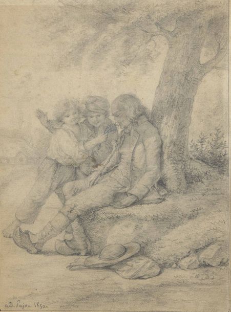 Auguste Désiré PAJOU (1800-1878) Vieillard assoupi au pied d'un arbre et taquiné&hellip;