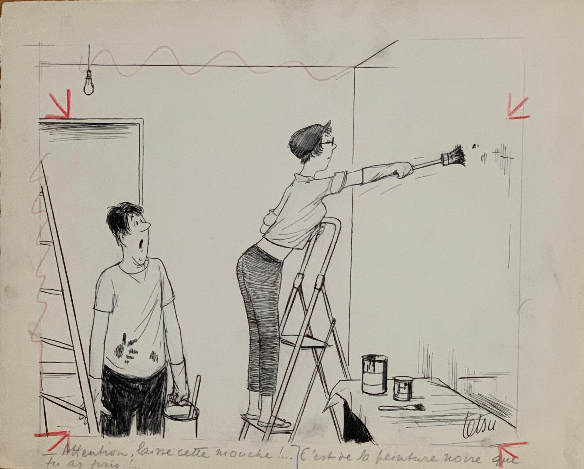 Null 特苏，罗杰-特苏 (1913-2008)

"小心点，别碰那只苍蝇！"。你拿的是黑漆!

纸上水墨画，右下角有签名

25 x 32,5 cm - 9&hellip;