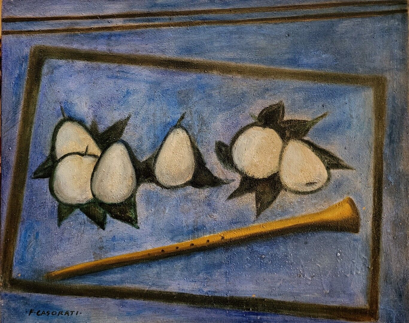 Null 弗朗西斯科-卡索拉蒂-帕瓦罗洛(1934-2013)

梨子和长笛的静物画

布面油画，左下角有签名

51 x 62 cm

出处：展览GALERI&hellip;