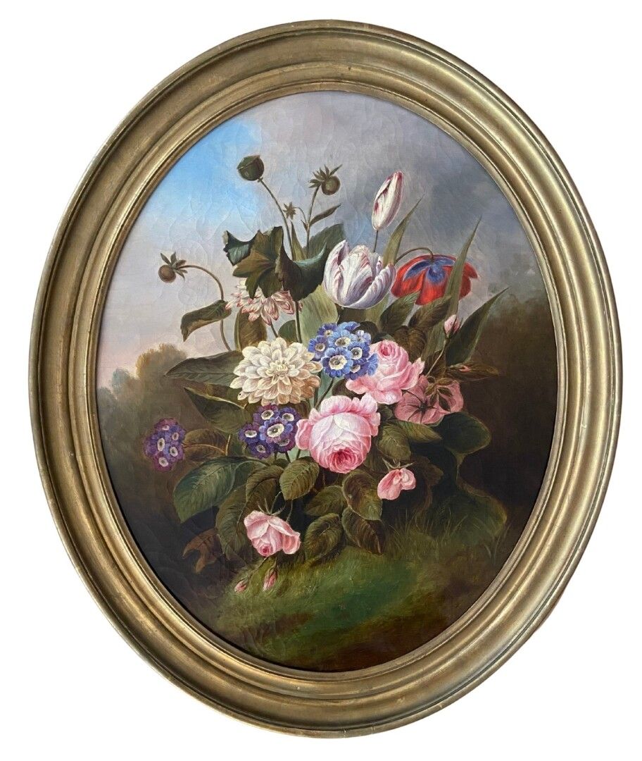 Null Ecole du XIXème 
Bouquet de fleurs en médaillon 
Huile sur toile 
74 x 59 c&hellip;