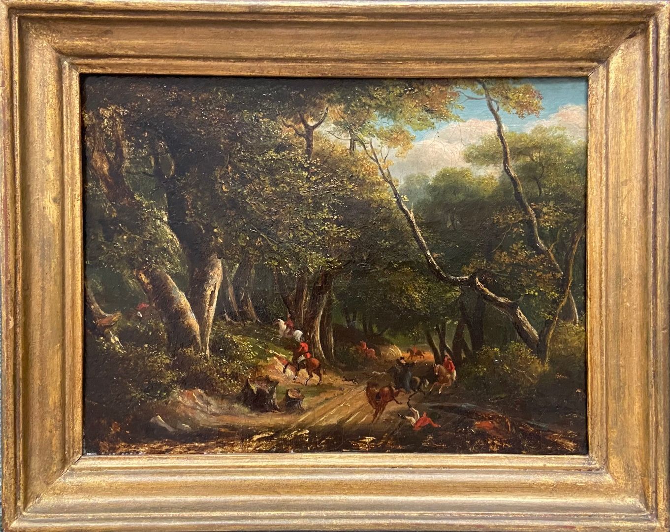 Null Scuola del XIX secolo 
Scena di caccia a corte 
Olio su tela 
19 x 24,5 cm