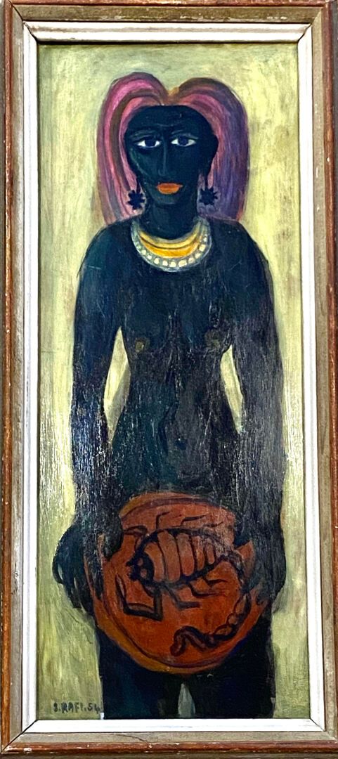 Null 萨米尔-拉菲(1926-2004) 
有蝎子的女人 
纸板上的油画
左下角有签名，日期为1954年
66,7 x 26,5 cm