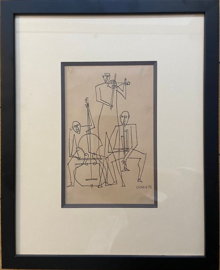 Null 塞尔吉奥-德-卡斯特罗 (1922-2012)
爵士音乐家 - 1951
纸上黑墨水 
右下方有签名和日期1951 
20 x 12厘米 
玻璃下装裱