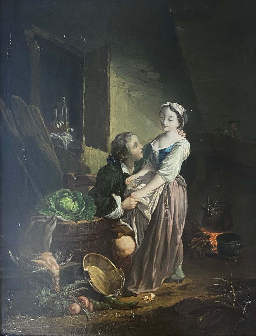 Null 让-巴蒂斯特-夏彭蒂埃（1728-1806）的品味
厨房里的高尚场景 
布面油画 
52 x 41厘米 
镀金木框