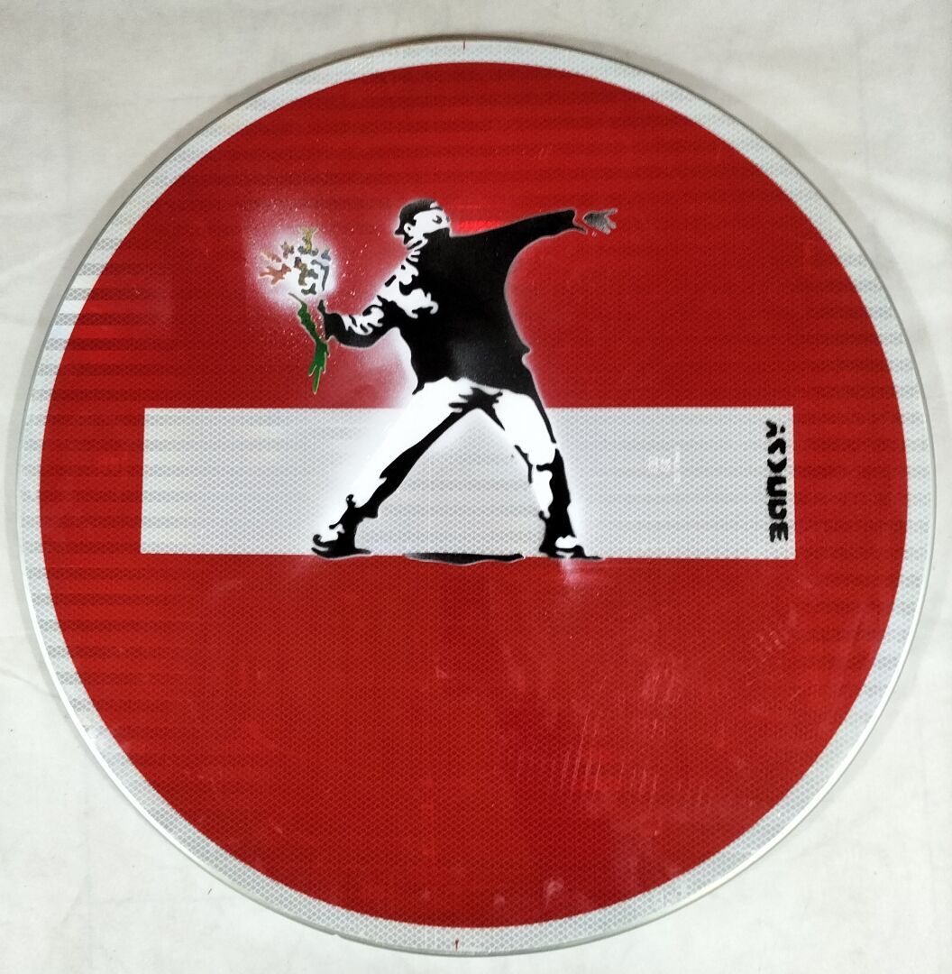 Null BANKSY derivative work "Flower Thrower", stencil on road sign, signed on th&hellip;