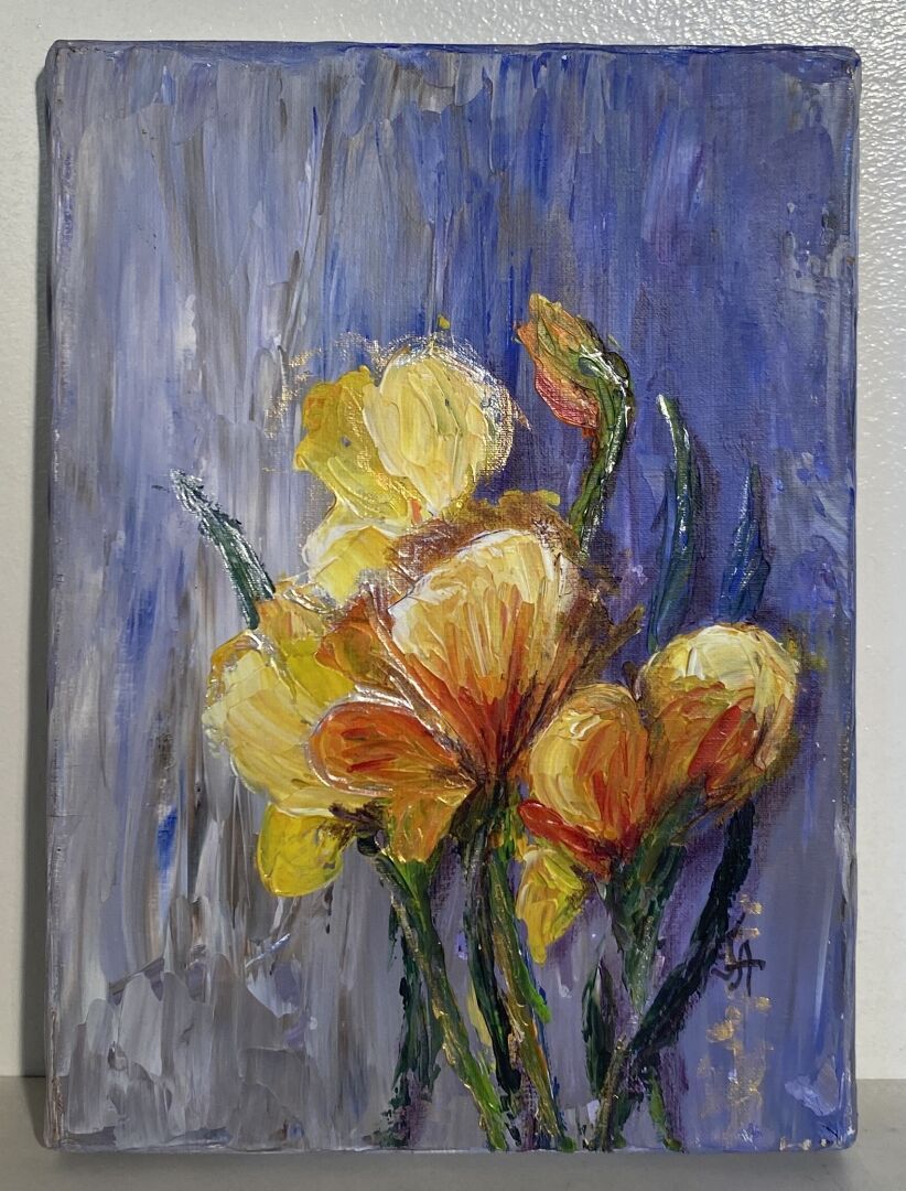 Null ALLAIRE FRANCINE - huile sur toile - "Iris jaunes"- signé en bas à droite "&hellip;