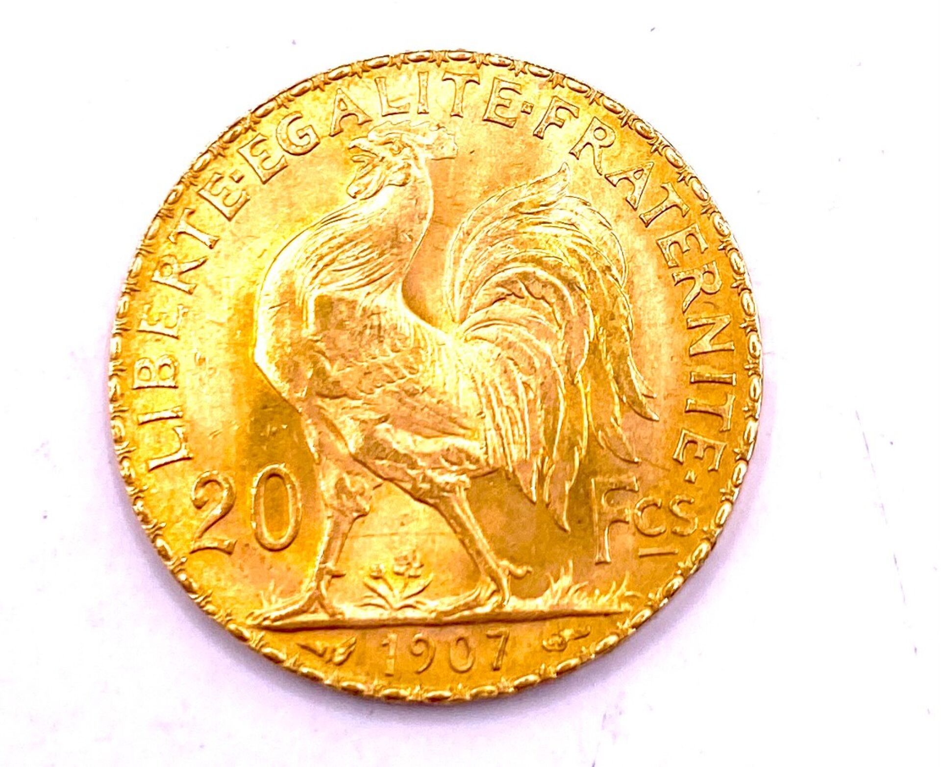 Null 法国 - 20 法郎 Marianne au Coq 法兰西共和国金币，黄金材质，1907 年发行 - 直径：21 毫米 - 总重：约 6.45 克 &hellip;