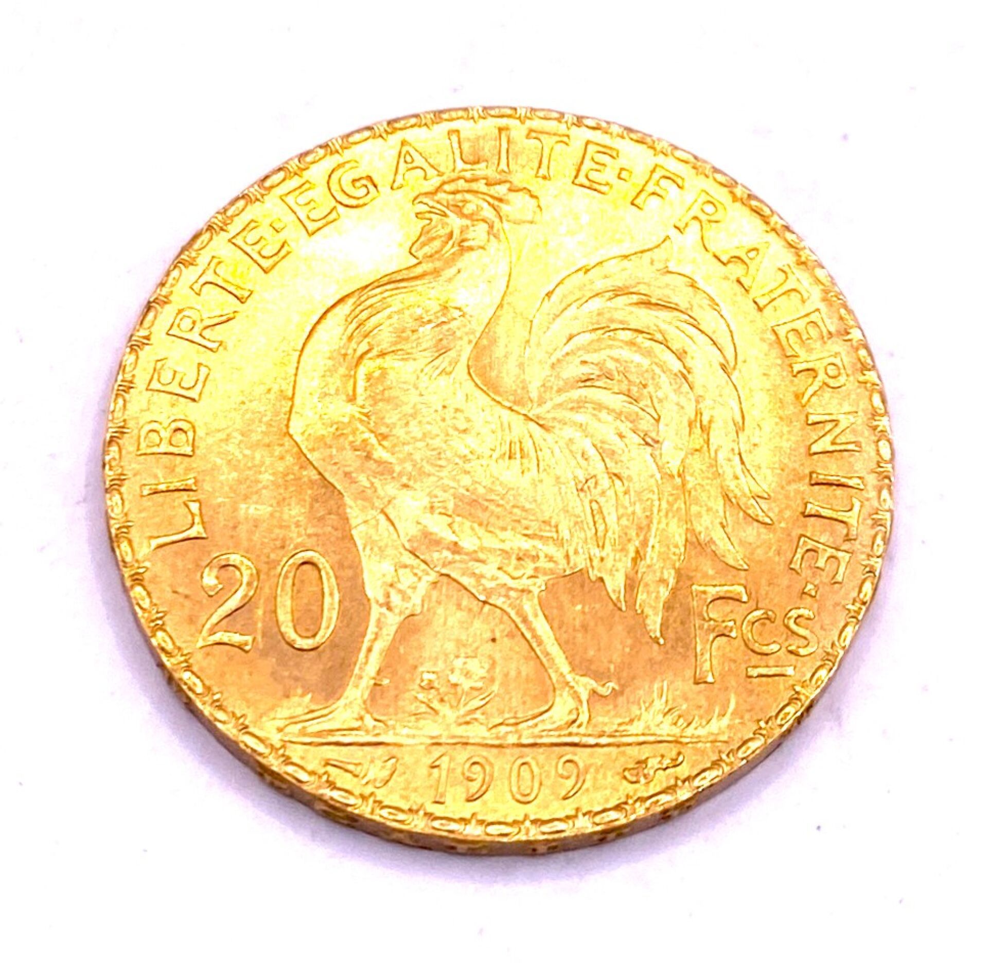 Null 法国 - 20 法郎 Marianne au Coq 法兰西共和国金币，黄金材质，1909 年发行 - 直径：21 毫米 - 总重：约 6.43 克 &hellip;