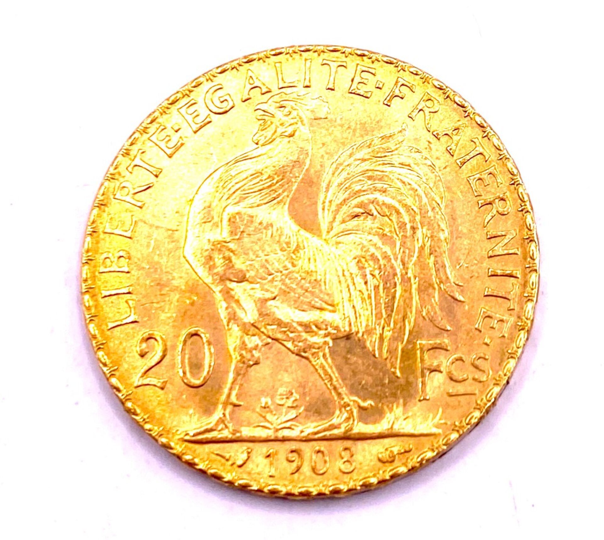 Null 法国 - 20 法郎 Marianne au Coq 法兰西共和国金币，黄金材质，1908 年发行 - 直径：21 毫米 - 总重：约 6.44 克 &hellip;