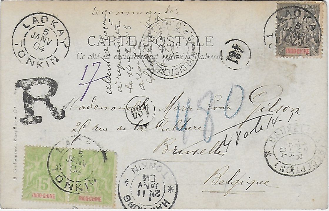 Carte-vue expédiée en recommandé vers la Belgique INDOCHINA, 1904

Postcard sent&hellip;