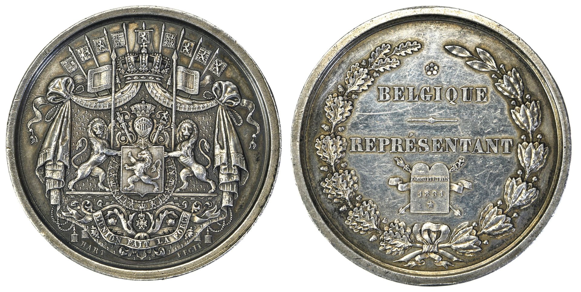 BELGIQUE, 比利时。

代表的奖章。



众议院议员奖章，银质，48.64克，50毫米，由哈特制作，比利时大印，1831年宪法的背面表格和橡树冠的徽章&hellip;