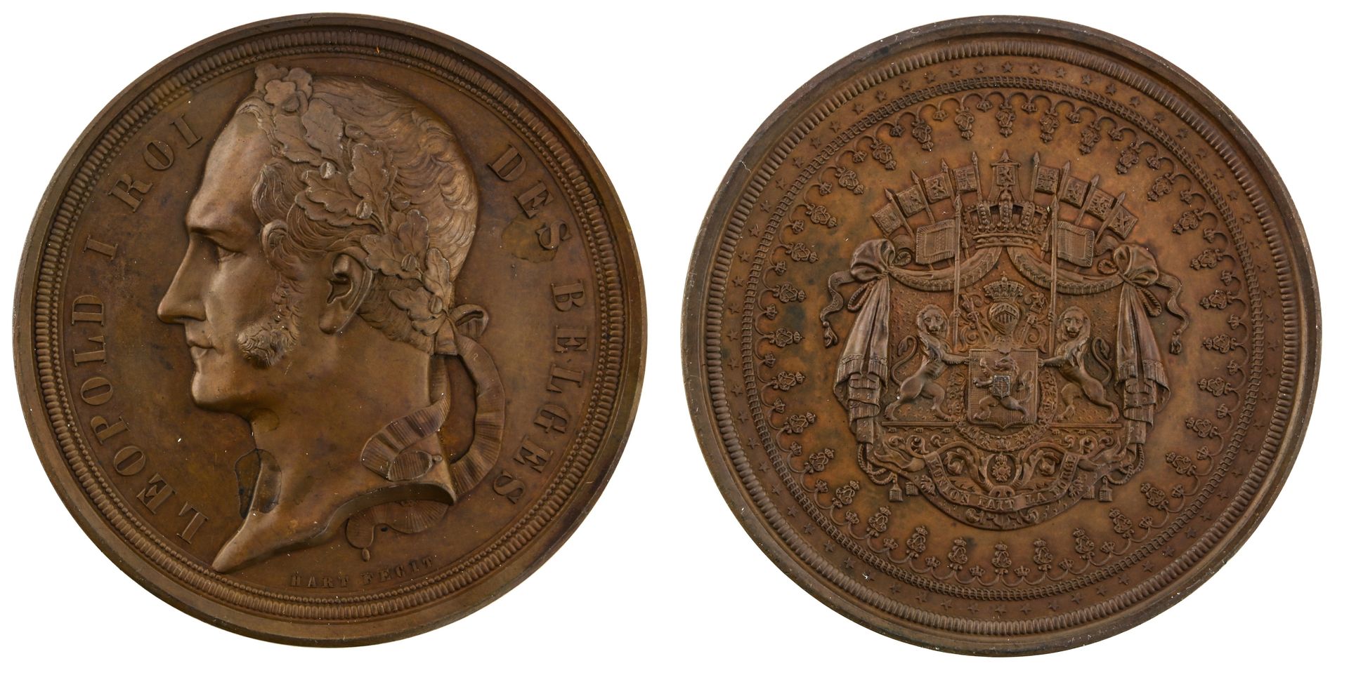 BELGIQUE, 比利时。

利奥波德一世（1831-1865）。



铜质奖章，由哈特制作，73毫米，未注明日期，头像为月桂冠，比利时国王莱奥波德一世，半&hellip;