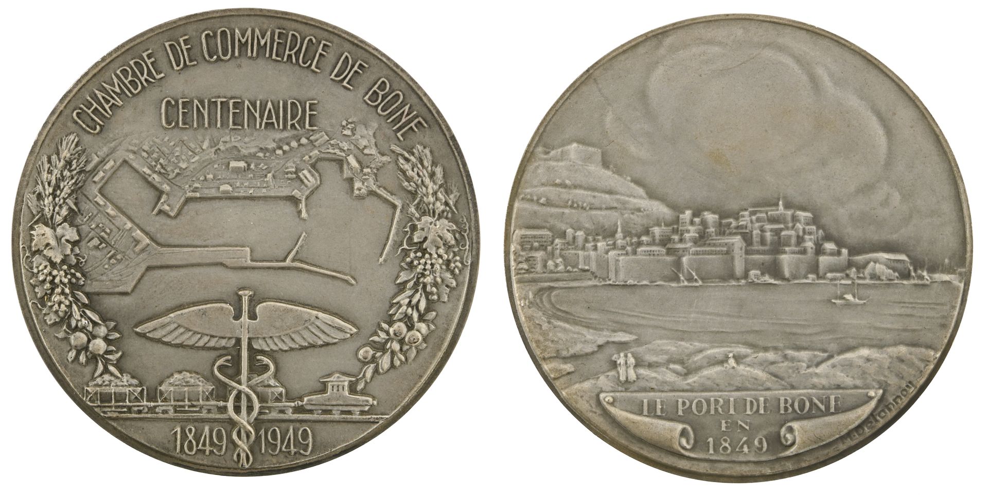 ALGÉRIE, 阿尔盖里亚。

波恩商会成立一百周年。



德拉努瓦的银质铜牌，59毫米，1949年，波恩新港景色，卡杜斯，CHAMBRE DE COMME&hellip;
