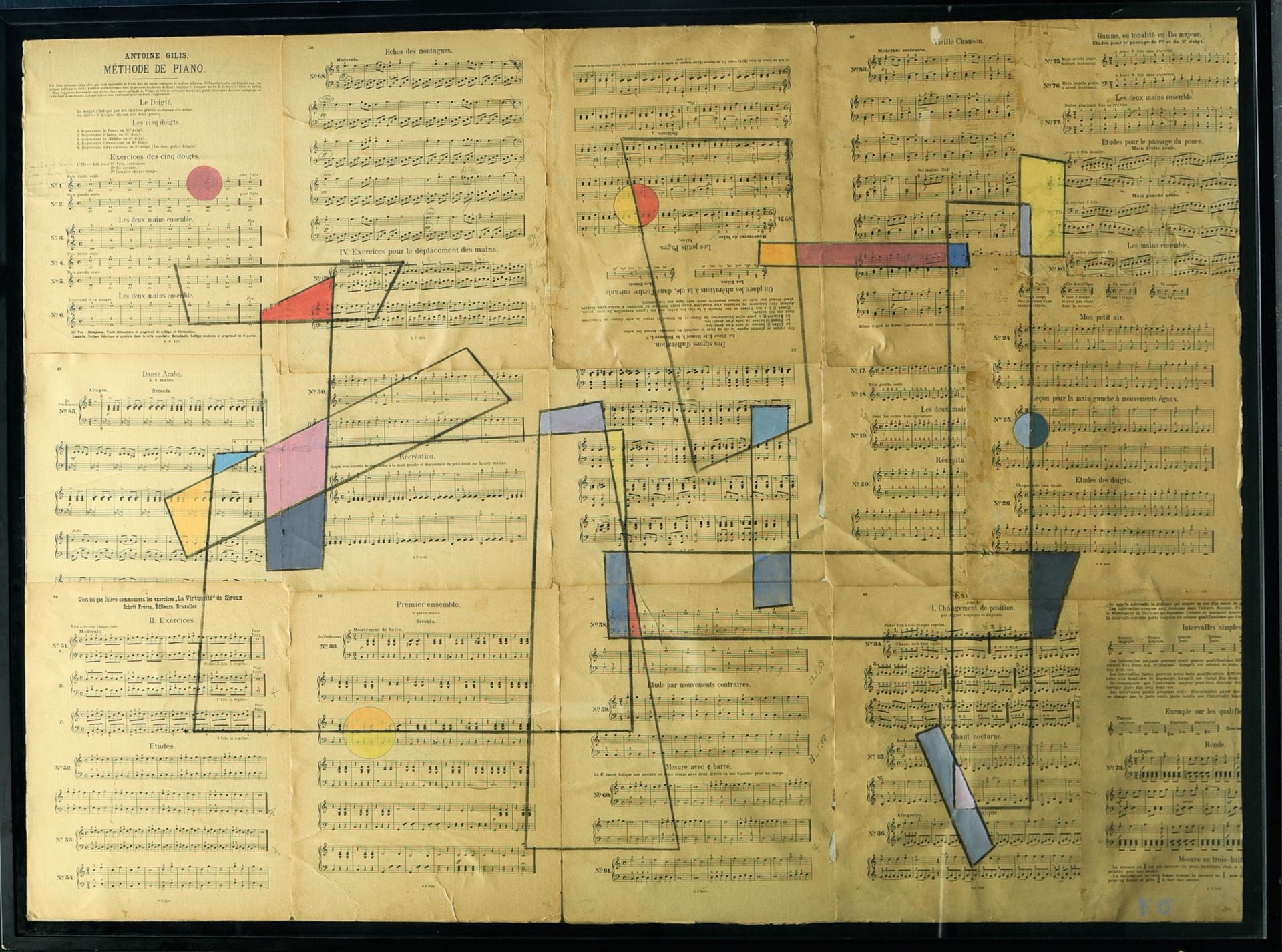 Null 20世纪的学校

几何构成



镶嵌在画布上的乐谱的混合技术，右下角有B.OM.的字样

框架 高：90厘米 宽：120厘米
