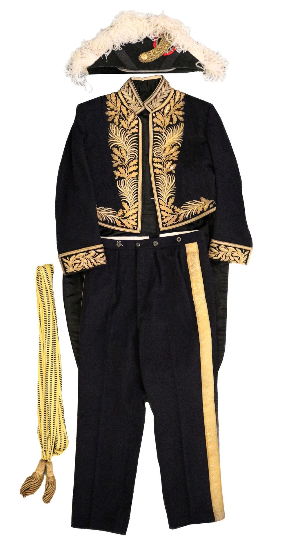 Null 比利时大使的外套



布鲁塞尔的朱尔斯-冯森制造，黑色毛布上绣有金线和金色的橡树叶和棕榈的坎尼蒂尔。裤子上的金辫子和它的盒子里的双角。



专家：&hellip;