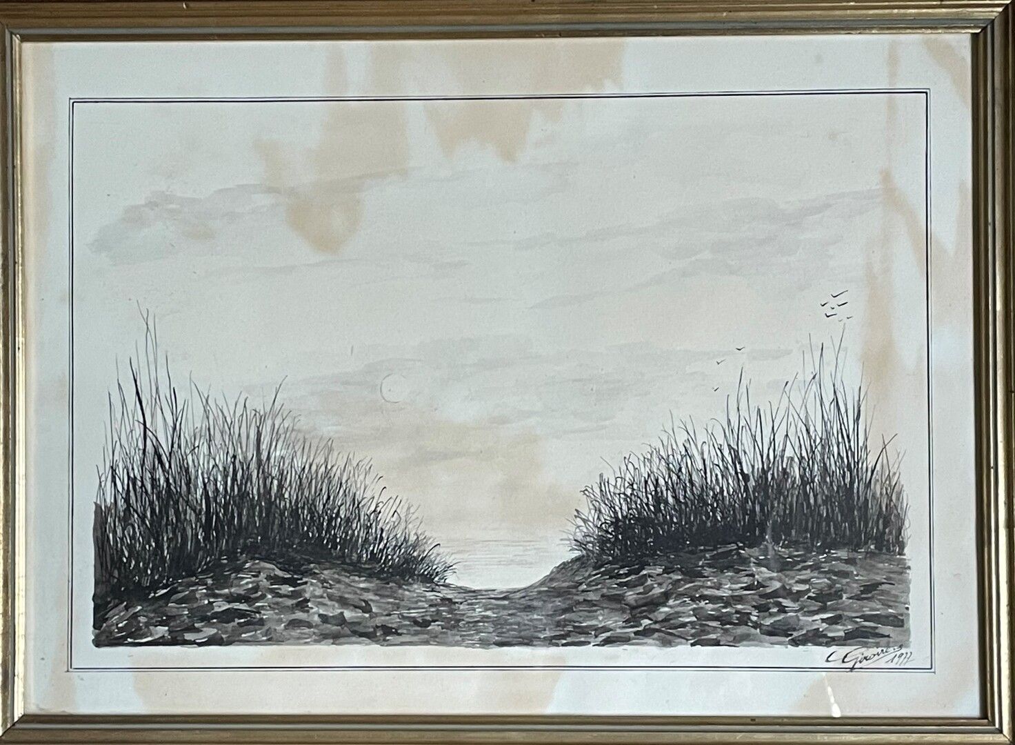 Null GIROIRE ( XX° )

奥雷隆的沙丘。

纸上水墨画，右下方有签名，日期为1977年。

29 x 41 厘米

染色剂。