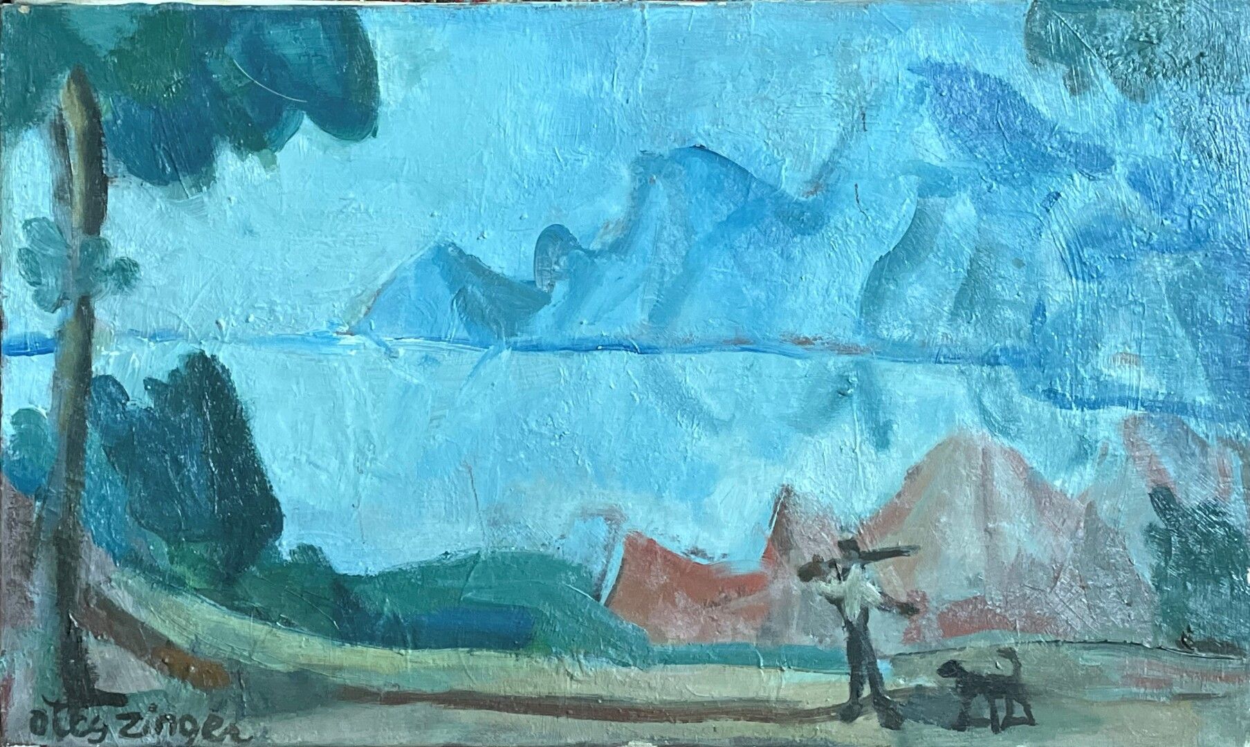 Null 奥列格-辛格 (1910-1998)

猎人和他的狗在一个湖边。

布面油画，左下方有签名。

33 x 55厘米