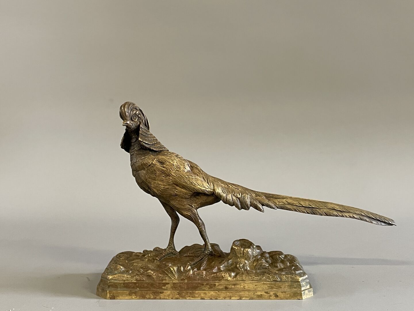 Null F.BODOUX (19世纪)

镀金野鸡。

带有金色铜锈的青铜证明。

17 x 27 x 8厘米。