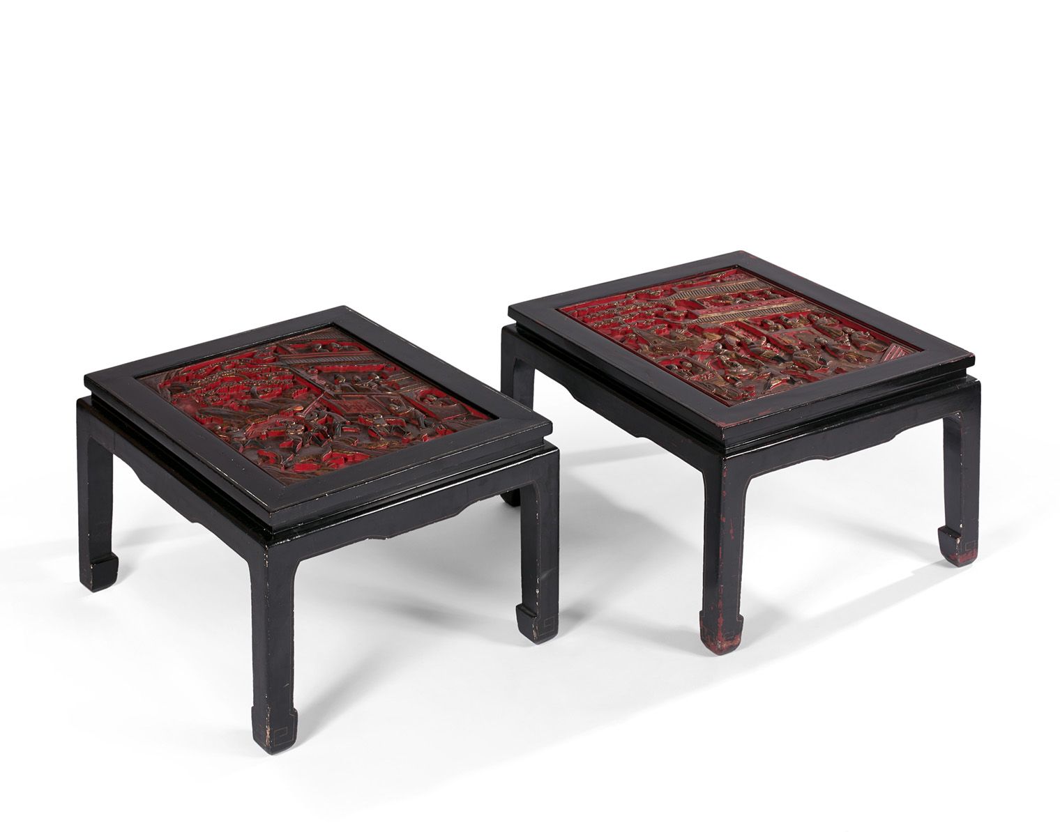 Null A pair of square coffee tables, the tops made of red and gold lacquer panel&hellip;