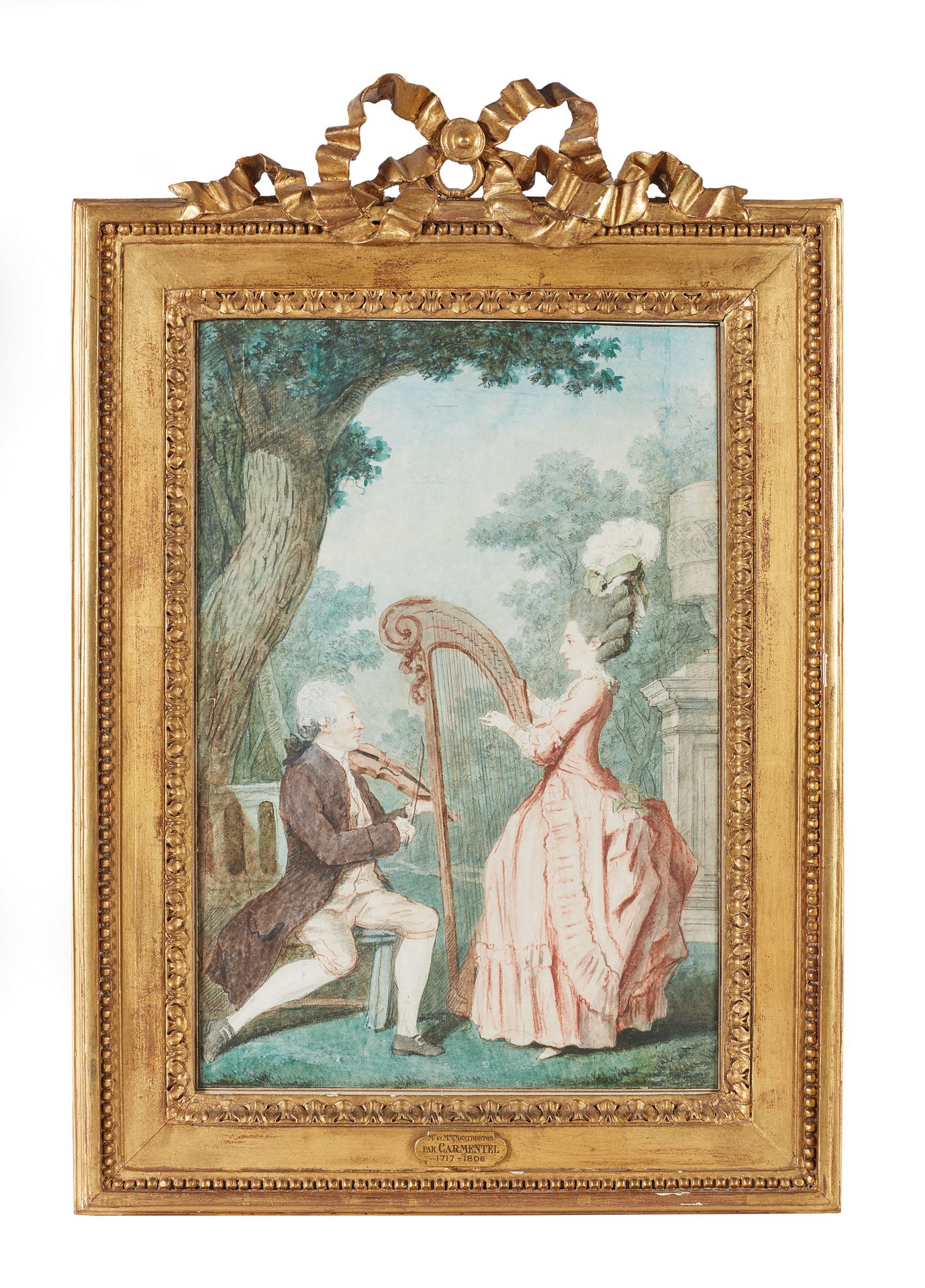Null 路易斯-卡洛吉，又称卡蒙泰尔（1717-1806）。

蒙布雷顿先生和夫人，花园里的竖琴和小提琴二重奏

水彩，黑色铅笔和红色粉笔，白色水粉高光。

&hellip;