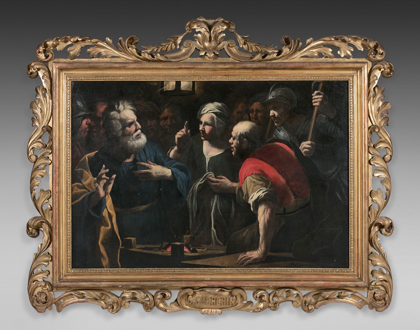 Null 17世纪热那亚学校，贾奇诺-阿塞拉托（1600-1649）的随行人员

圣彼得的否认

帆布。

镀金和镂空的木框，有刺绣装饰。

高度105 - 宽&hellip;