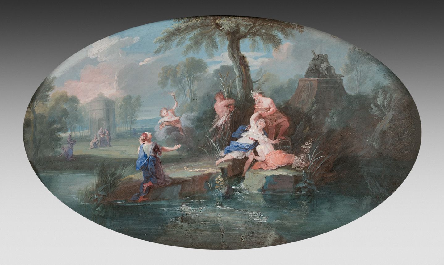 Null 18世纪的法国学校，科泰尔的随行人员

Pan和Syrinx

镶嵌在面板上的椭圆形水粉画。

高22 - 宽37厘米

底部中央的撕裂处已被修复
